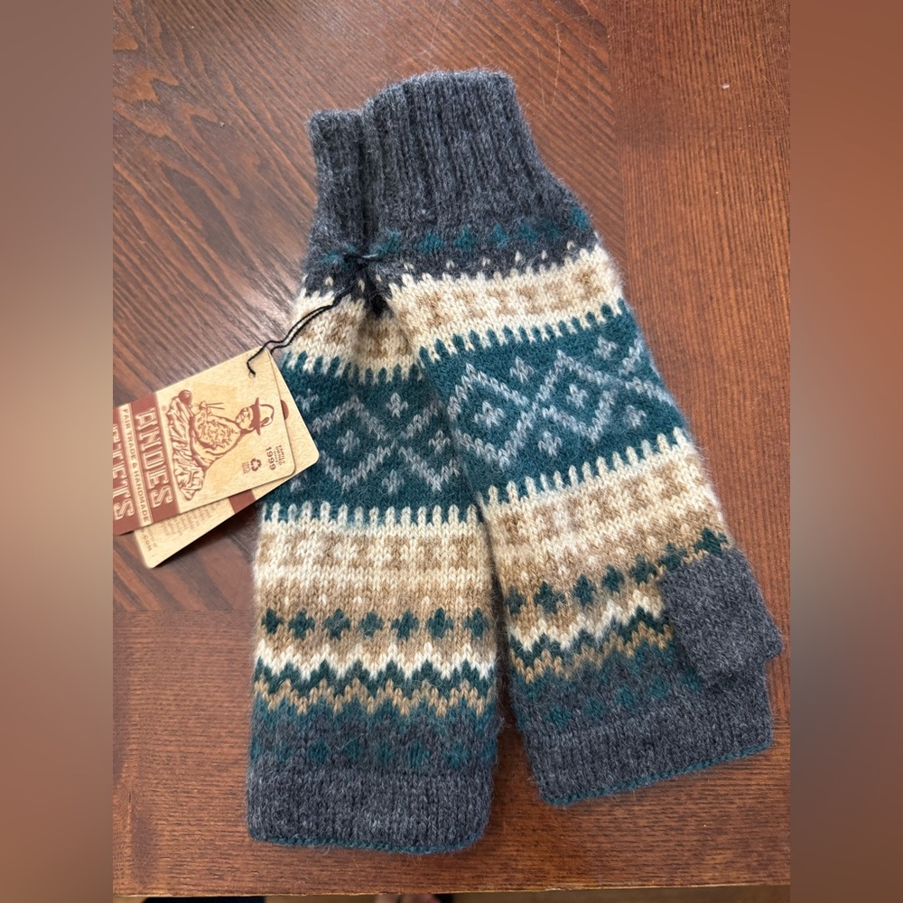 Andes Gifts Gray and Teal Knit Alpaca Wool Blend Fingerless Gloves